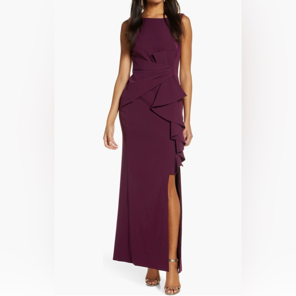Wine colored with flattering pleating floor length gown